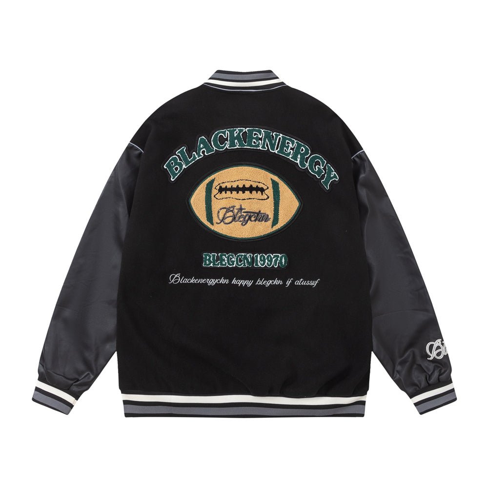 Urban Casuals Towel Embroidered Rugby Pattern Leather Sleeve Stitching Jacket Coat - preppy aesthetic - fashion statement